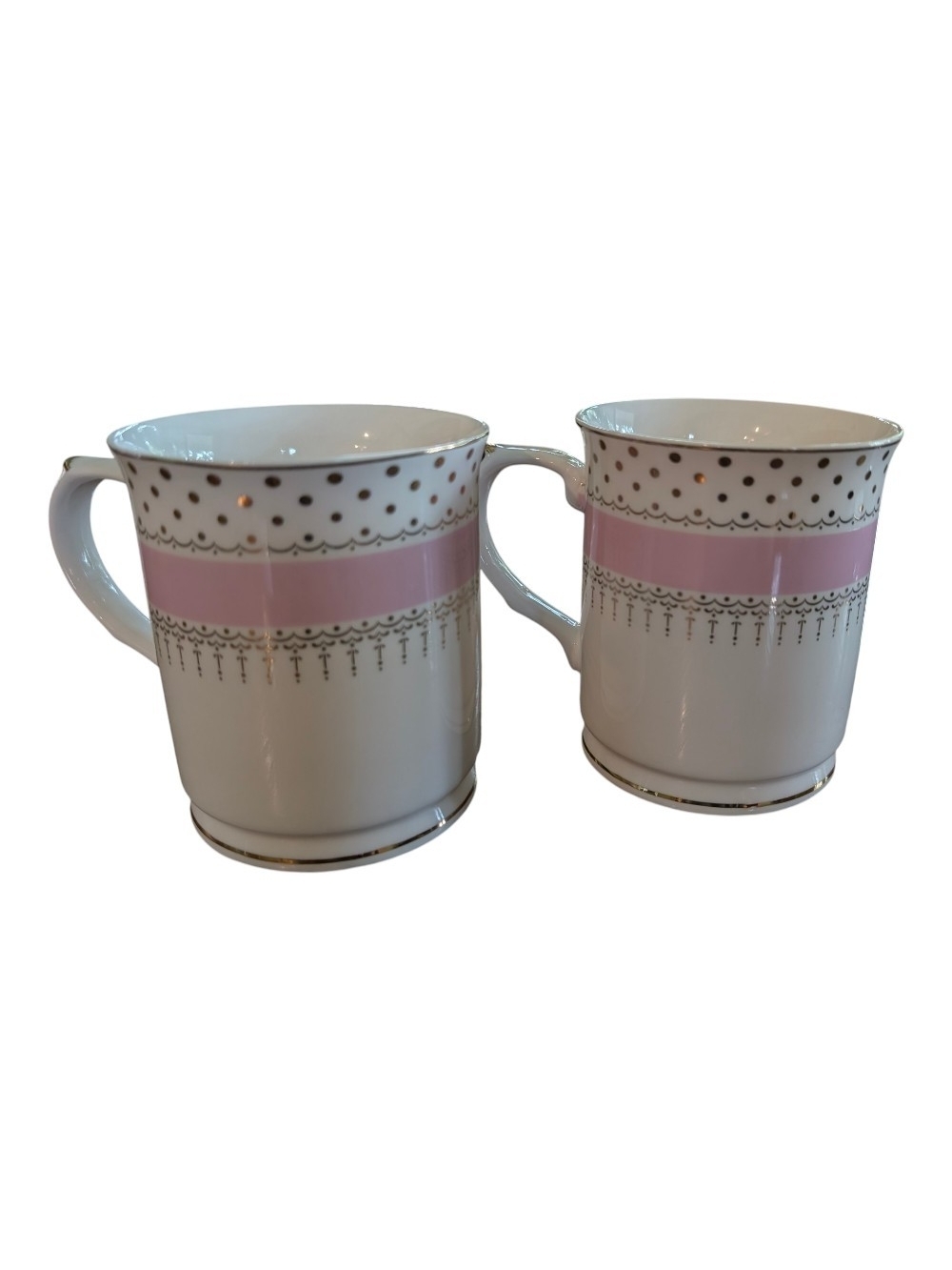 Elegant Pink And White Porcelain Mugs with Gold Accents - Set of 2